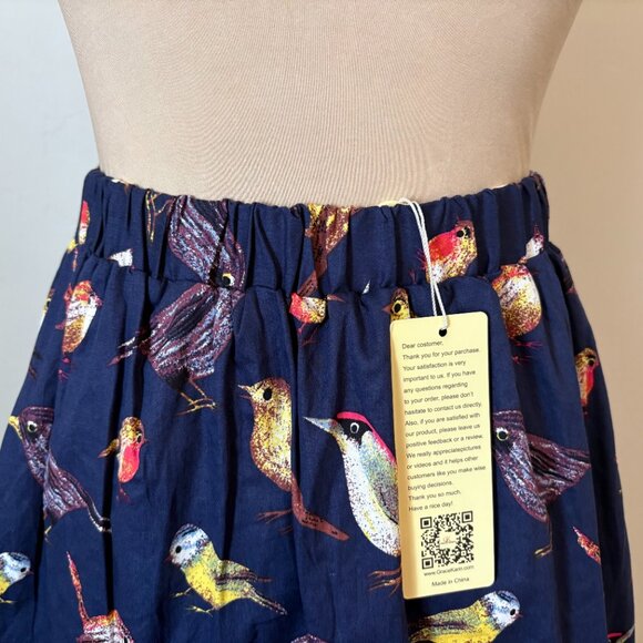 NWT Grace Karin Pleated Retro Bird Print Skirt Navy Blue Pinup 50's Look S - Picture 5 of 11